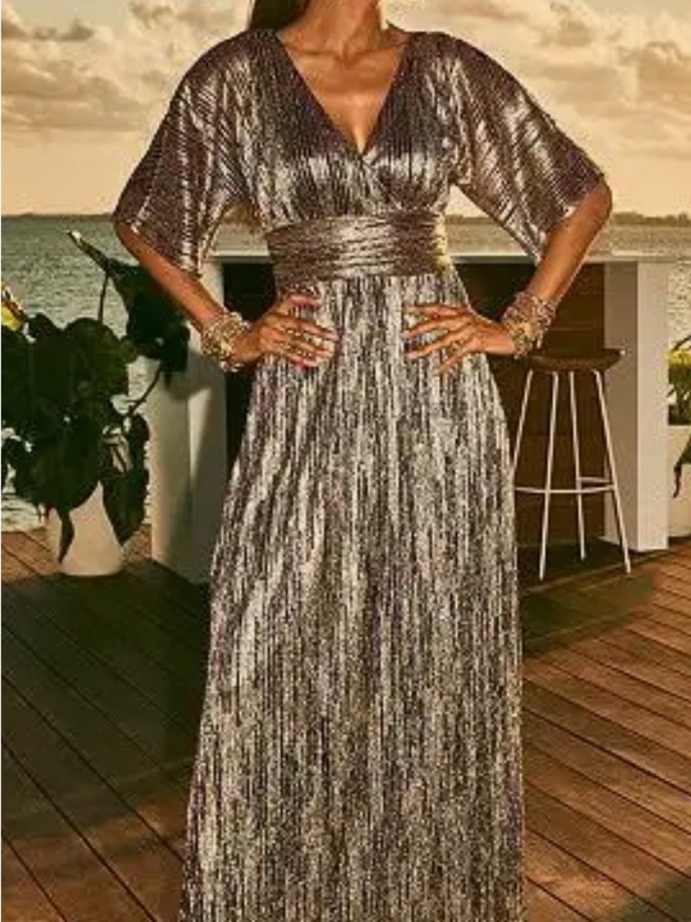 Lilly Pulitzer Metallic Silver and Black V-Neck Maxi Dress NWT large